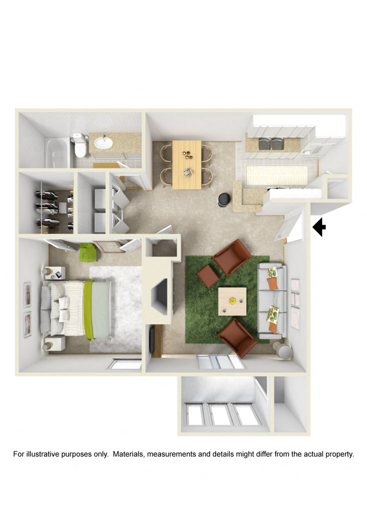 Floor plan for 1 bed, 1 bath, 725 sqft